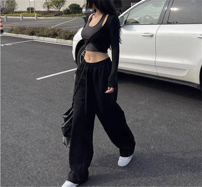 Mode Vintage Y2K Baggy Hose Frauen Sommer Breite Bein Elastische Taille Lose Hosen Dame Einfarbig Hip Hop Hosen Casual Kleidung