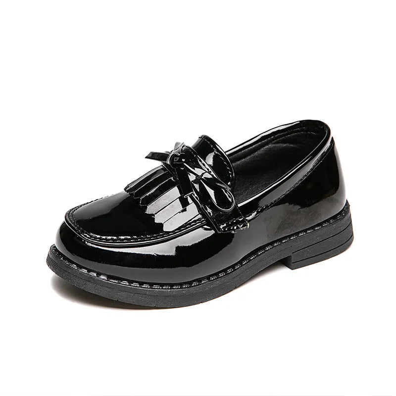 Girls Casual Leather Shoes Kids Flats Tassels with Bow-knot British Style Soft Slip-on Loafers for Wedding Party Bright Skin New.