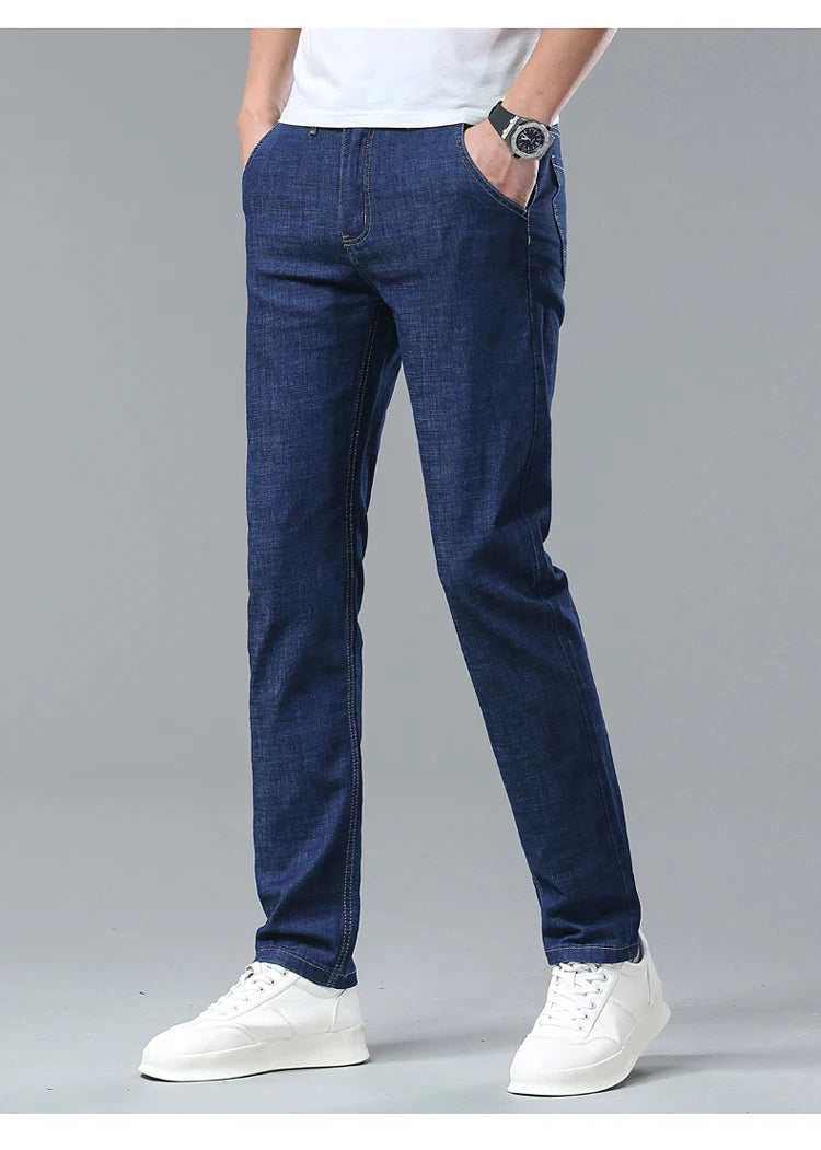 Men's Ice Silk Jeans Summer New Lyocell Thin Business Casual Denim Pants Classic All Match Slim Fit Straight Elastic Jean Male.