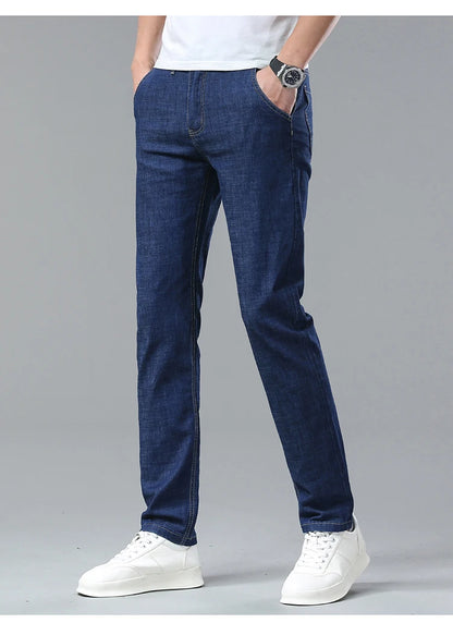 Men's Ice Silk Jeans Summer New Lyocell Thin Business Casual Denim Pants Classic All Match Slim Fit Straight Elastic Jean Male.