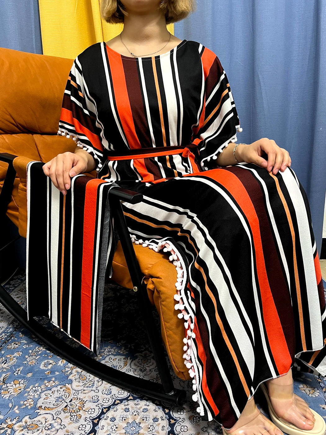 Abayas For Women 2024 Printed Vertical Stripe Tassels Elasticity Loose Fit Femme Robe African Woman Dresses With Belt Headscarf