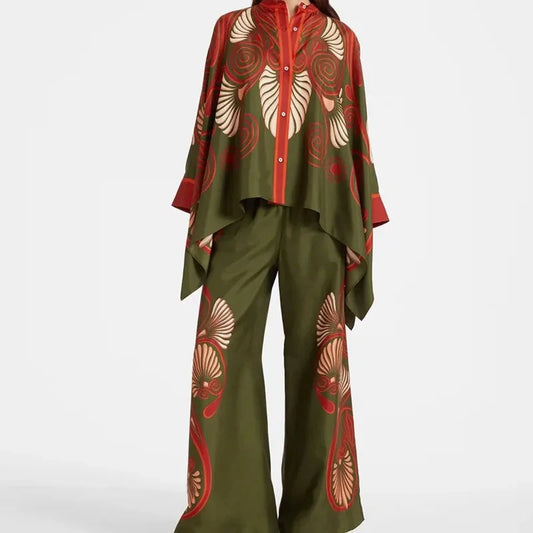 Retro Printed Loose Indie Folk Outfit Women Spring Stand Collar Button Irregular Top+Pant Set Fall Batwing Long Sleeve 2pcs Suit.