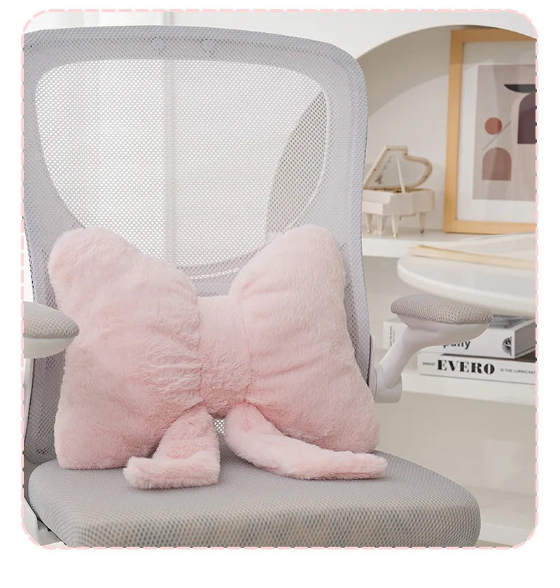 Pink bow ribbon couch pillow imitation rabbit fur comfortable car seat cushion ins style simple all-match back cushion.