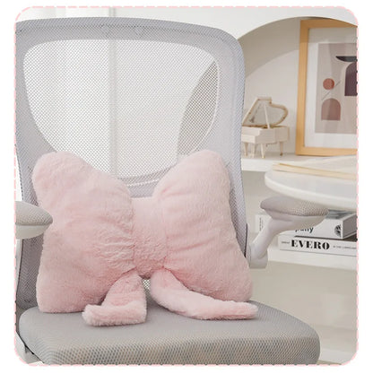 Pink bow ribbon couch pillow imitation rabbit fur comfortable car seat cushion ins style simple all-match back cushion.