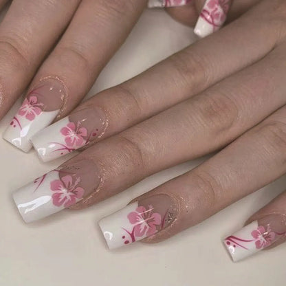 Mid-length Coffin Fake Nails 24Pcs White French Tip Ballerina Press On Nail Pink/White Flower Printed Spring/Summer DIY Manicure.