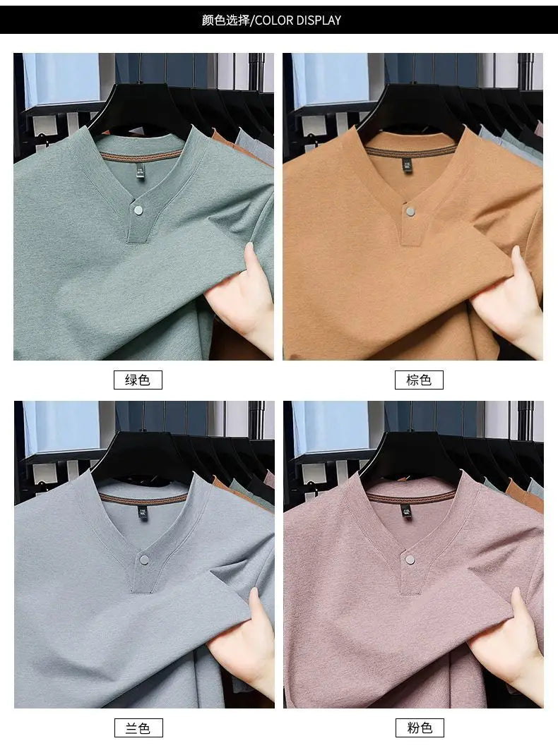 Men's T-shirt Classic V-Neck Short Sleeved Cotton Solid Button Super Soft High Quality L-4XL Casual Tshirt Design Men Tee Shirts.