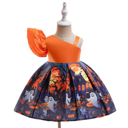 Kleinkind Halloween Kostüm Mädchen Cosplay Hexe Kürbis Skelett Druck Bowknot Kleid Kinder Festival Party Performance Kleidung.