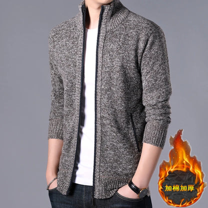New Men's Casual High Collar Long Sleeve Knitted Top with Velvet Warmth for Autumn and Winter Fashion Multi Functional Jacket.