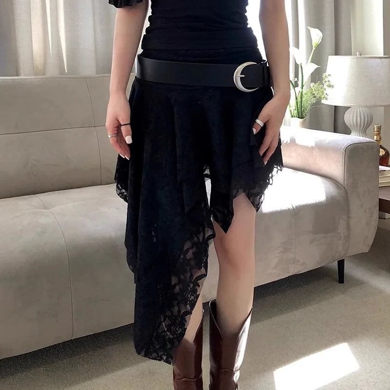 Asymmetrical Lace Skirt Pants Women High Waist Layered Skirt Y2k Japanese Vintage Jacquard Short Skirt 2025 Spring Clothing