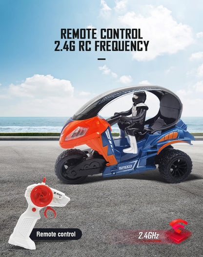 Electric RC Motorcycle Car Spray RC Stunt Toys Remote Control Drift Stunt Three Wheel Motorcycle with LED Lights for Kids Gifts.