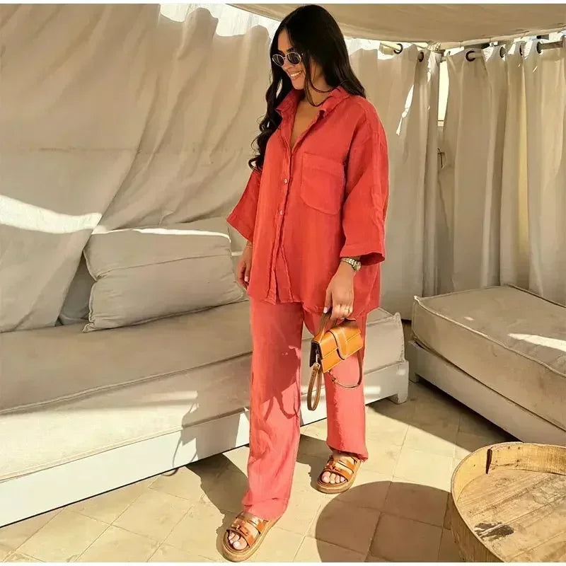 Women Vintage Solid Loose Pants Suit Lapel Single Breasted Long Sleeve Shirt Wide Leg Pants 2 Pcs Set 2025 New Ladies Streetwear.