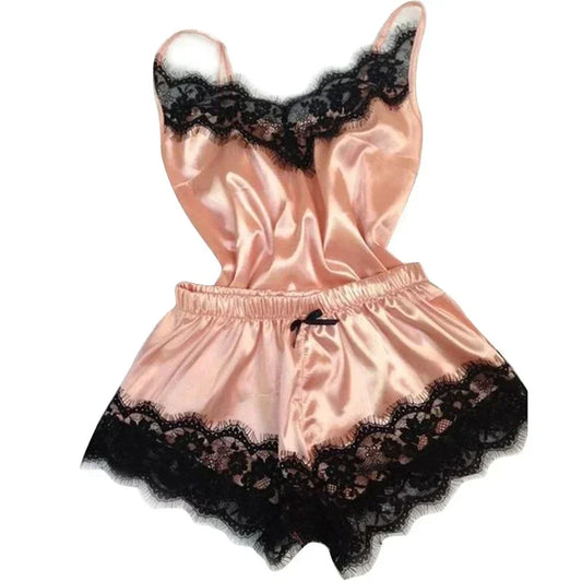 Sommer-Pyjama-Set aus Spitze und Seide für Damen, Nachtwäsche, sexy Dessous, Cami-Top und Shorts-Sets, bequeme, lässige Pyjamas