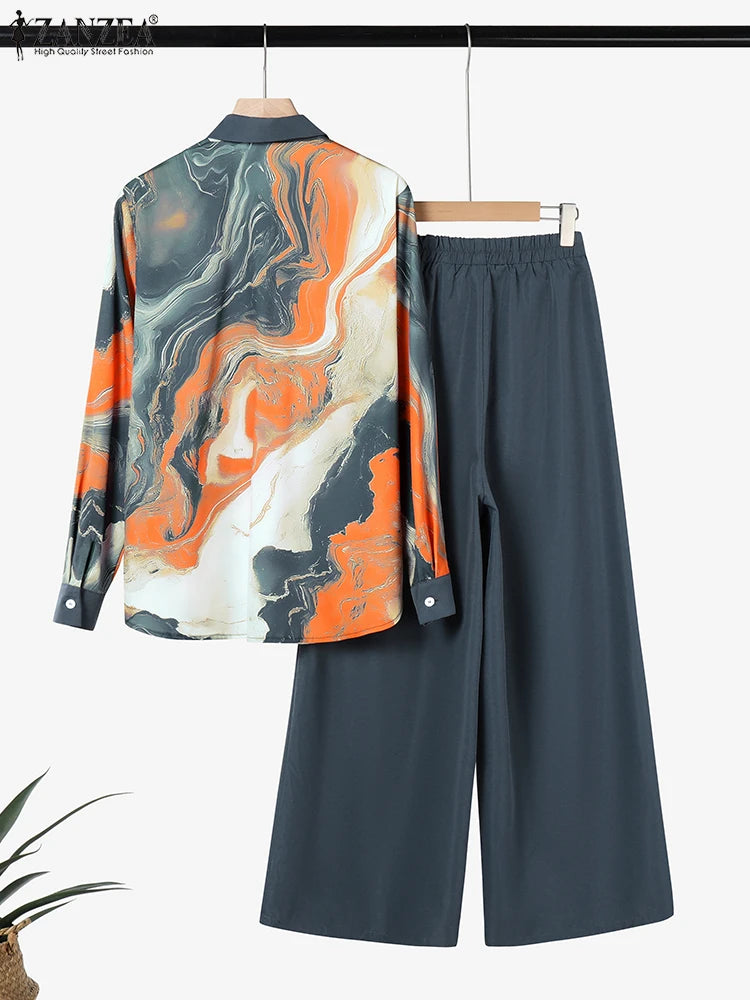 ZANZEA Fashion Women Two Pieces Sets Long Sleeve Lapel Shirt Wide Leg Pant Sets 2PCS Holiday Outfits Casual OL Work Tracksuits.