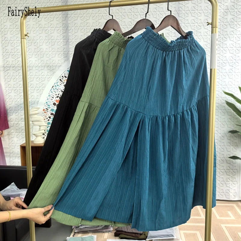 Fairyshely Casual Green Split Long Skirt Women 2025 Summer Ruffle High Waist Midi Skirt Lady Elegant Solid A line Pleated Skirt.