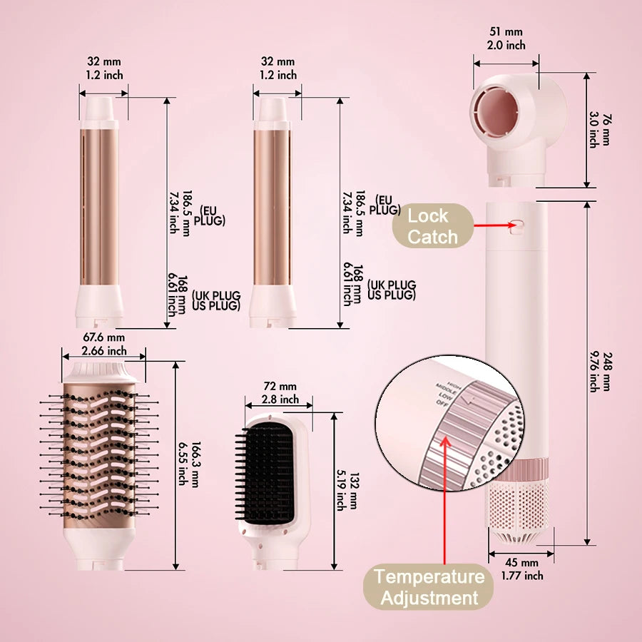 5in1 Hair Dryer Brush Curling Iron Hair Dryer Detachable Auto Wrap Curlers Fast Drying Electric Styling Hair Blower Brush.