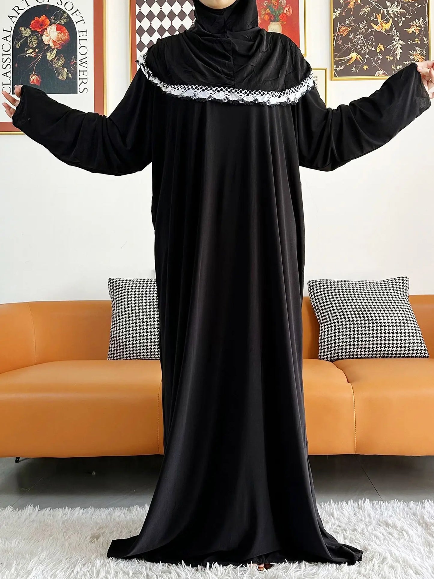 2023 Muslim Solid Cotton Abaya For Women Ramadan Prayer Garment Joint Hat Dubai Turkey Middle East Femme Robe Floral Loose Dress.