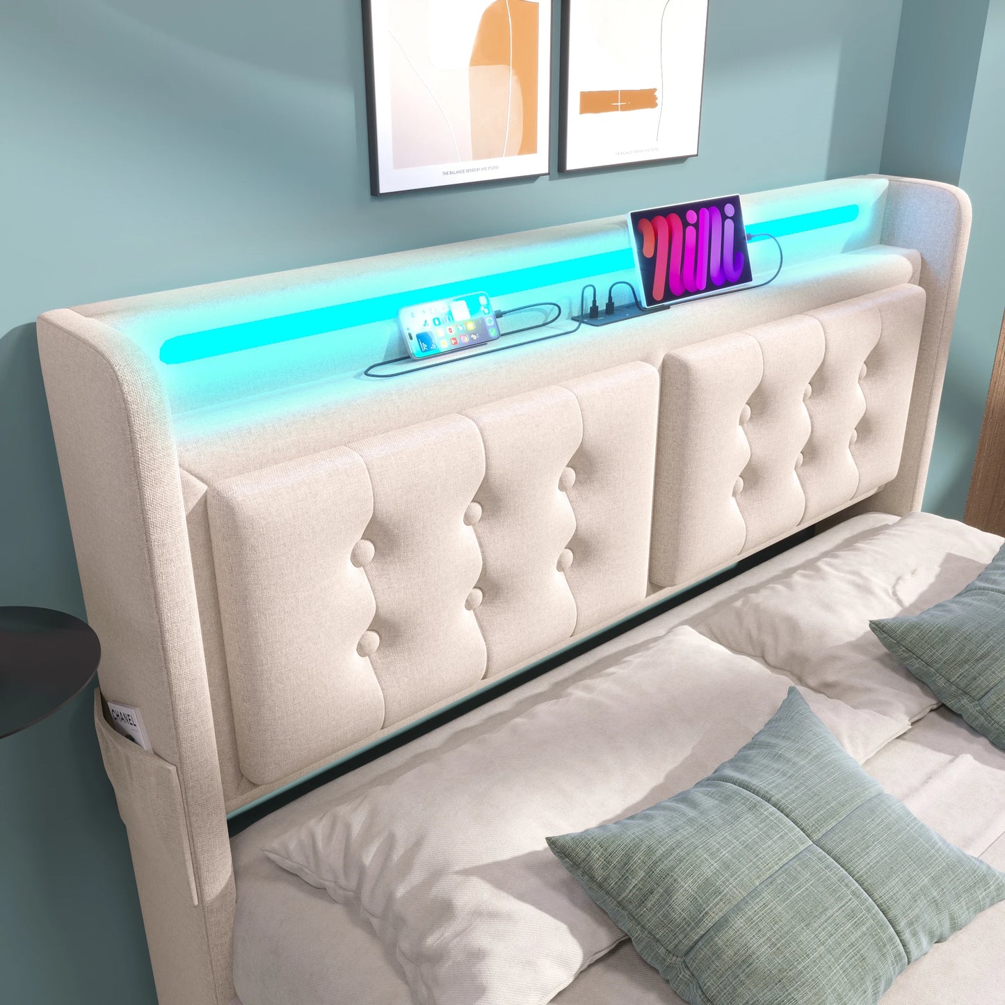 KOMHTOM Doppelbett Baumwolle - LED-Kopfteil, USB C Ladefunktion, 4 Schubladen, ohne Matratze