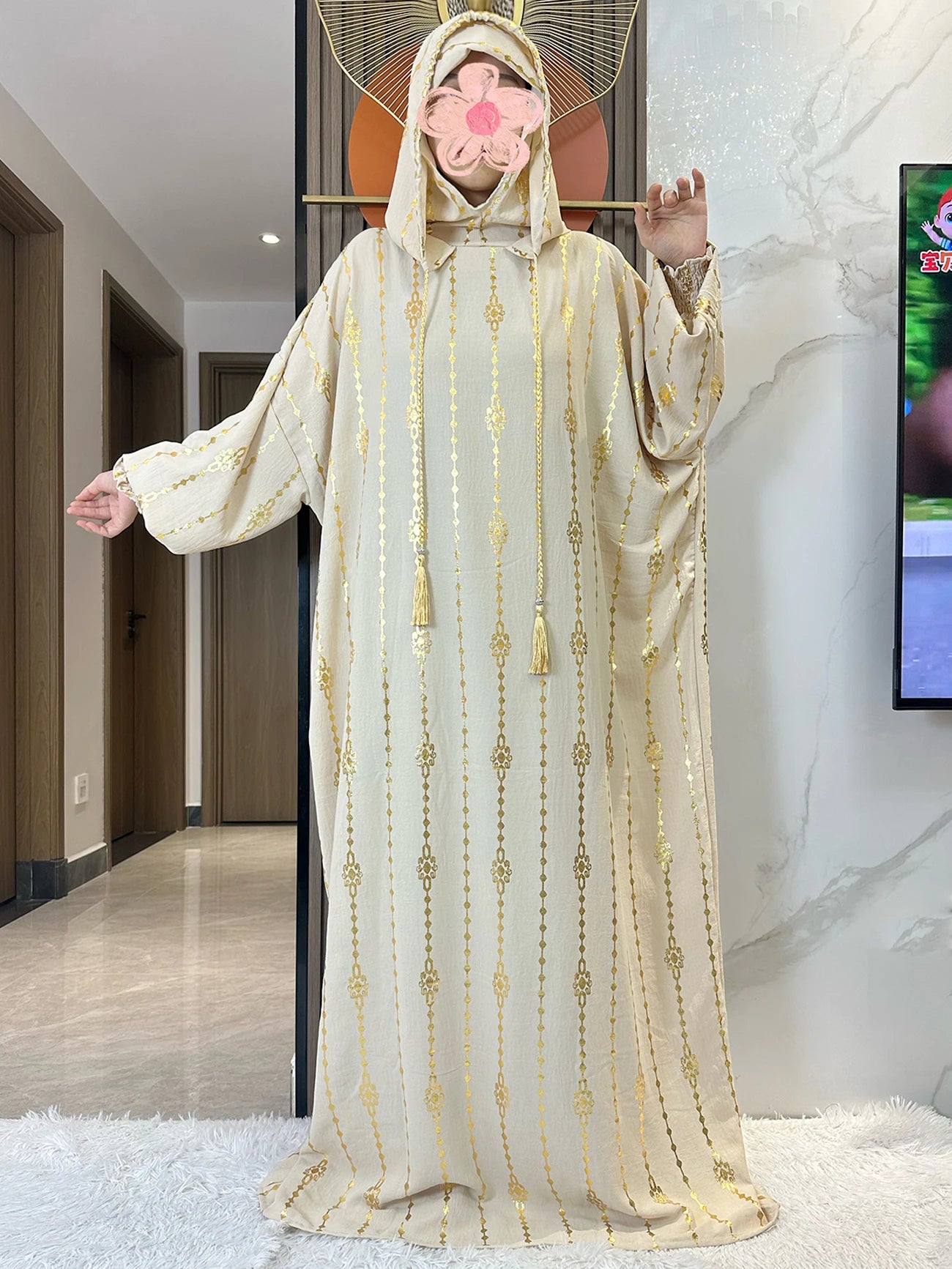High Grade Cotton Fabric Ramadan Muslim Two-Hat Abaya Dubai Turkey Islam Prayer Clothes Gold Dust Dress Islam Women Dress Kaftan.