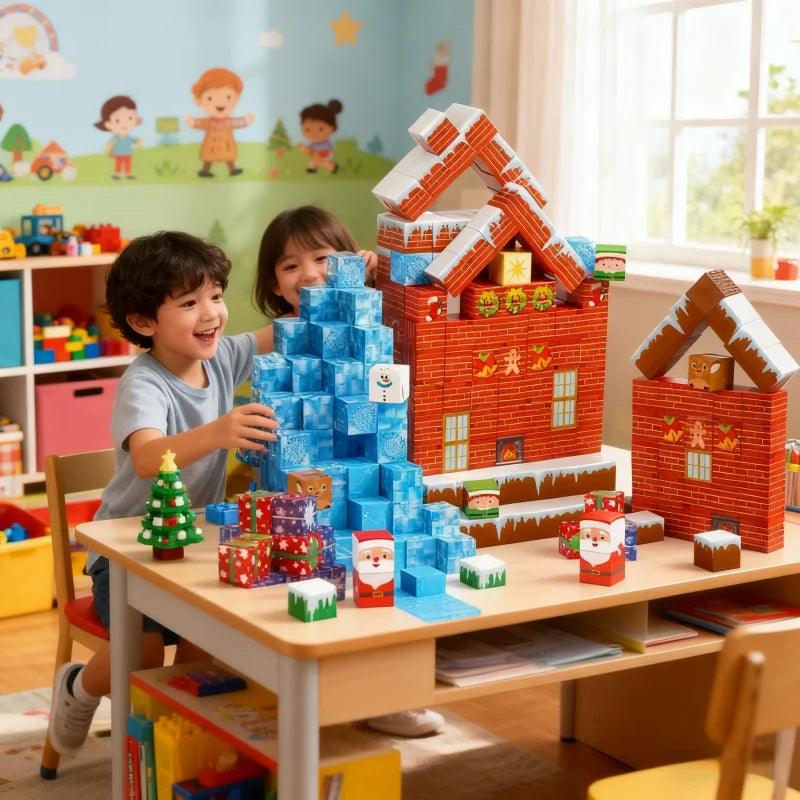 3D Kids Magnetic Blocks Sensory Construction Building Toy Santa Claus Magnet Cubes Stacking Toys Boys Girls Puzzle Gift.