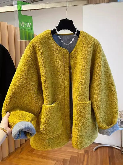 Hochwertige Lammwolljacke für Damen, lockerer warmer Samtmantel, 2025, neuer Frühling und Herbst, große Taschen, modische Oberbekleidung, M-3XL