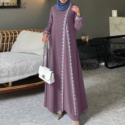 ZANZEA Autumn Women Long Sleeve O Neck Muslim Maxi Dress Kaftan Elegant Lace Crochet Loose Turkey Abaya Vestidos Islamic Dresses.