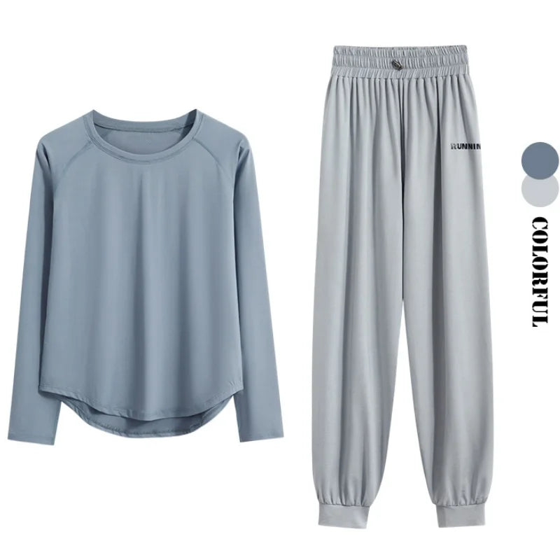 DRUR 2pcs Running Set Women Tracksuit Lightweight Loose Long Sleeve Sport Shirt Pants Sets 2 Piece Sportswear Outfit Gym Clothes