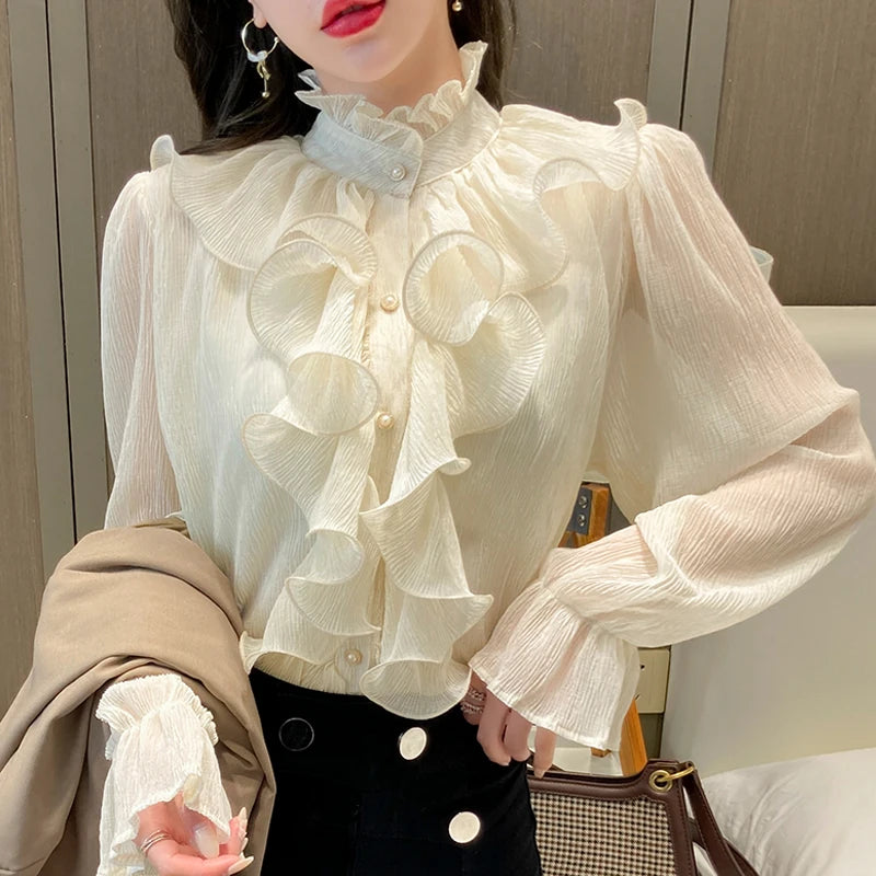 Autumn Vintage Ruffles Clothes Lace Blouse Women Spring Stand Collar White Chiffon Shirt Long Puff Sleeve Loose Tops Elegant.