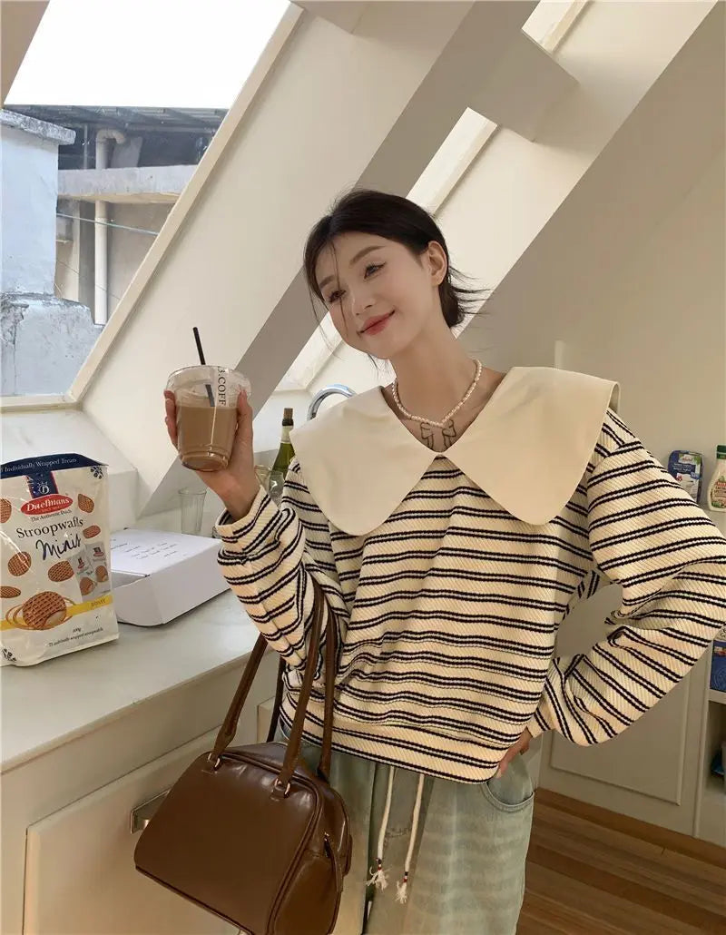 Oversized New Women Clothing Korean Patchwork Peter Pan Collar Sweatshirts Female Casual Striped Long Sleeve Loose T-Shirts Tops.