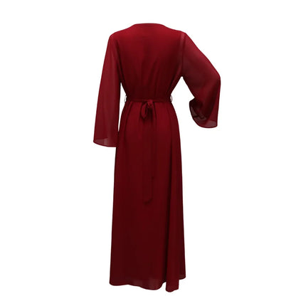 Muslim Set Dress Women Four-season Commute Muslim Set Fashion Party Dubai Turkey Long Sleeve Chiffon Cardigan Dress and Vest 2ps