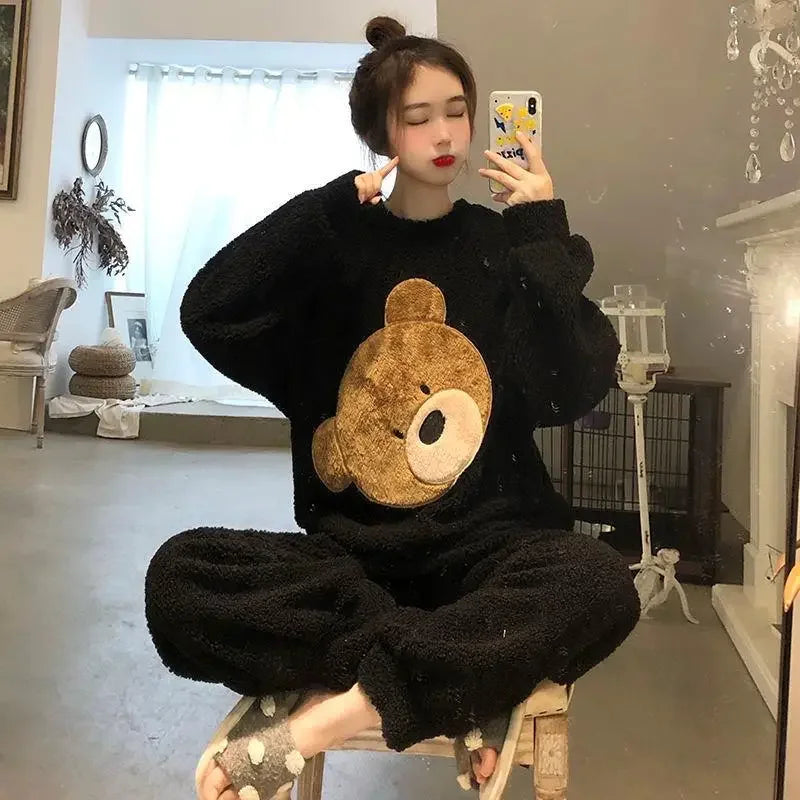 Thickened Warm Women Winter Two Pieces Set Flannel Homewear Pajamas O-Neck Loose Cute Cartoon Bear Ladies Sleepwear Loungewear.