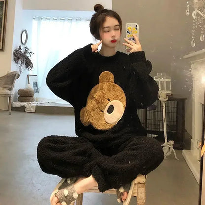 Thickened Warm Women Winter Two Pieces Set Flannel Homewear Pajamas O-Neck Loose Cute Cartoon Bear Ladies Sleepwear Loungewear.