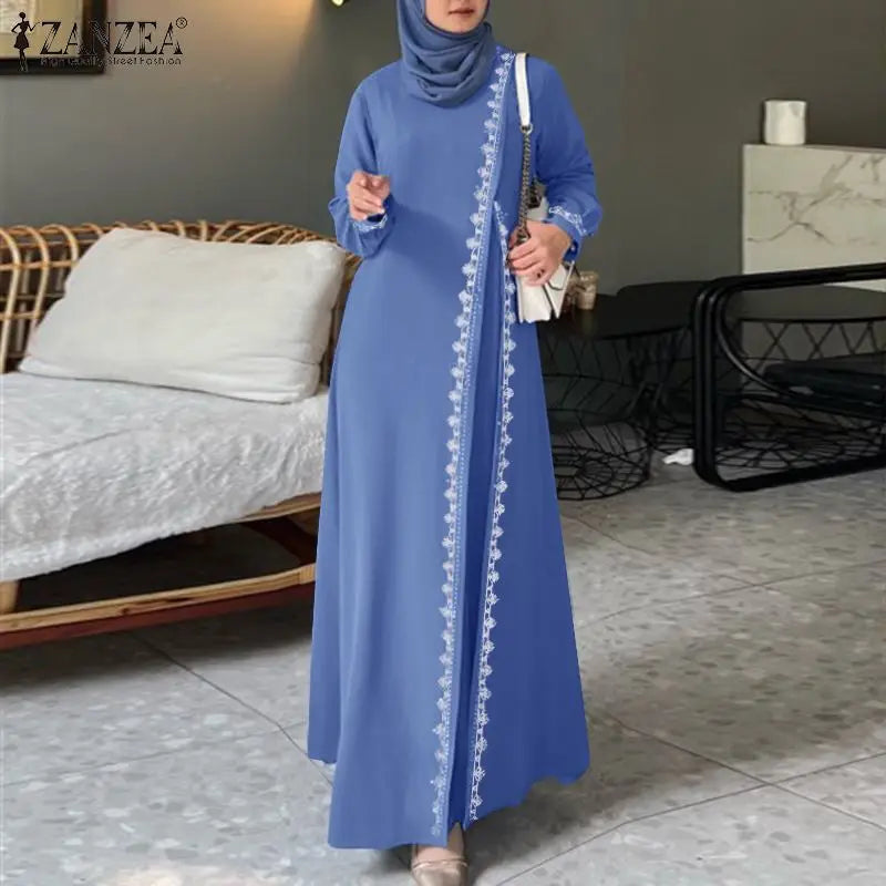 ZANZEA Autumn Women Long Sleeve O Neck Muslim Maxi Dress Kaftan Elegant Lace Crochet Loose Turkey Abaya Vestidos Islamic Dresses.