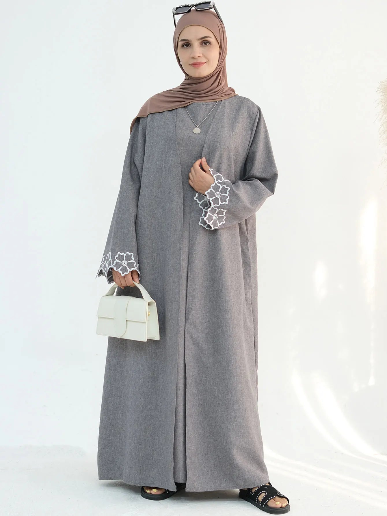 Chic Coffee Color Outer Piece Abaya Geometric Cuff Embroidery Ideal Modern Muslim Women Suitable for Daily/Semi formal Occasion.