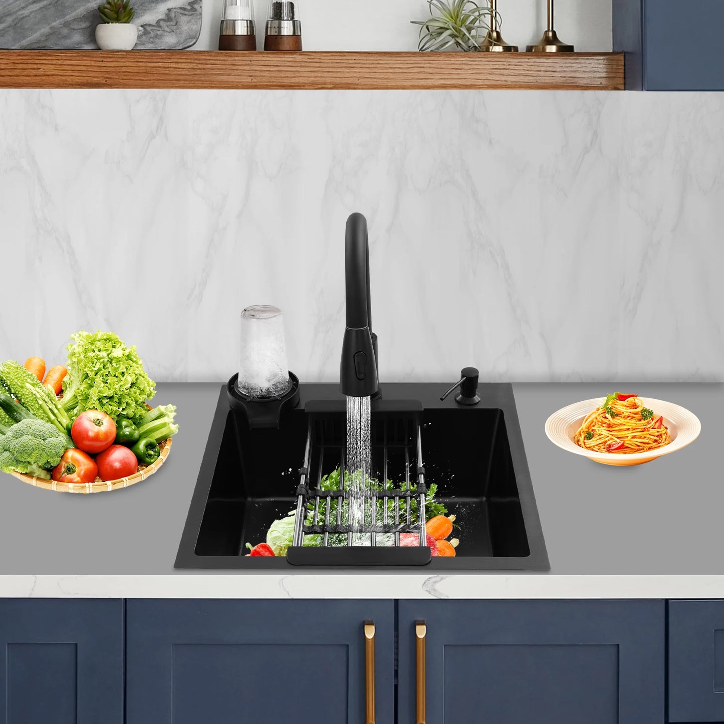 Multifunktionales Küchenspülbecken aus Edelstahl, rechteckiges schwarzes Küchenspülbecken mit ausziehbarem Wasserhahn und 300 ml Seifenspender