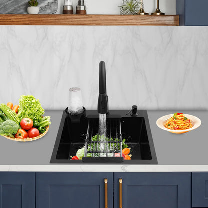 Multifunktionales Küchenspülbecken aus Edelstahl, rechteckiges schwarzes Küchenspülbecken mit ausziehbarem Wasserhahn und 300 ml Seifenspender