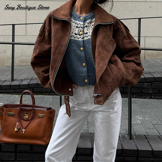 Vintage Fashion Faux Suede Jacket For Women Long Sleeve Lapel Oversize Coat Casual Zipper Outwear 2025 New Lady Commuter Clothes.