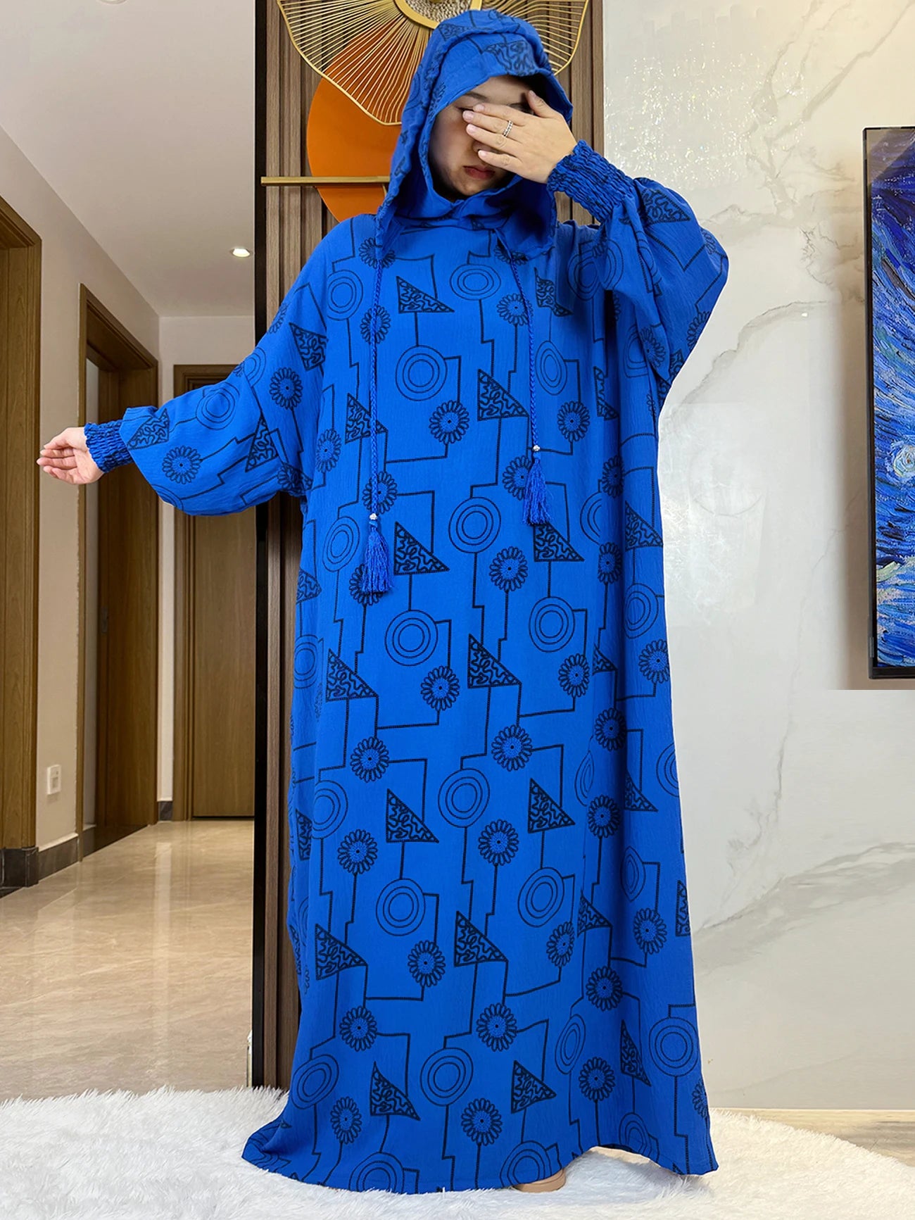 Promotion New Double Hat Women Abaya With Hooded Irregular Pattern Long Abaya Tassel Muslim Saudi Prayer Kaftan Oriental Robes.