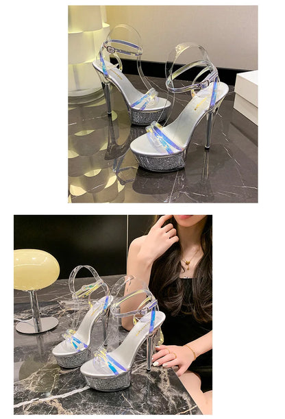 New 2024 Summer Fashion Sandals Sexy Open Toe 15CM High Heels Party Dress Wedding Nightclub Women Shoes Platform Stripper Heels