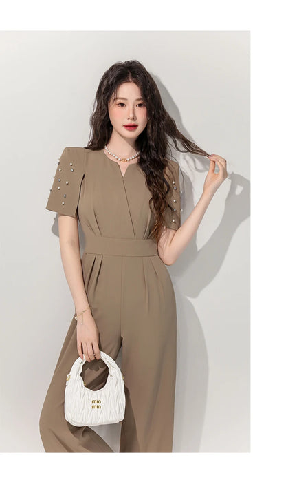 Women's Luxury Diamond-Studded Jumpsuit – Slim Fit Wide Leg Palazzo Pants, Autumn Short Sleeve Romper with High Waist.