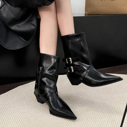 Winter Pointed Toe Thick Heel Women Ankle Boots Elegant Back Belt Buckle Slip On Shoes Street Style Party Short Botas Mujer.