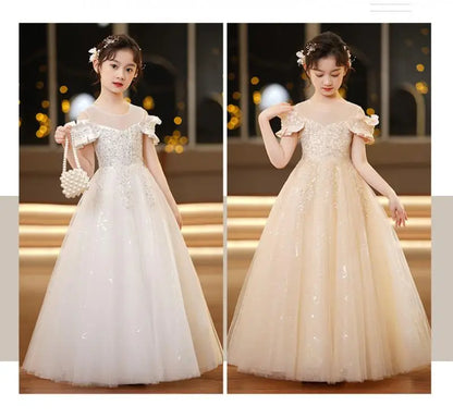 Neue Jugend Mädchen Prinzessin Mesh Kleid Hochzeit Blumen mädchen Kleid Schul wettbewerb Klavier lange Leistung Kleid für 3-12 Jahre.