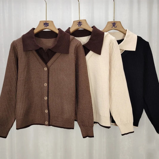 Gestrickte Frauen Top Lange Ärmeln Faux Zwei-Stück Pullover Frühling Herbst drehen-unten Kragen Modische Stilvolle Pullover Basis schicht Top