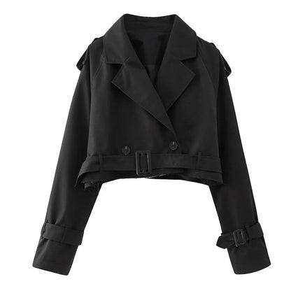 Frauen kurze Blazer Jacken Herbst elegante Vintage einfarbige Langarm Zweireiher Trenchcoat mit Gürtel