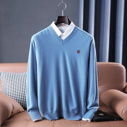Soft Warm Pullover Cashmere Sweater Men's V Neck Thickened Classic Tops Autumn Winter New  Casual Solid Color Knitted Pullover.