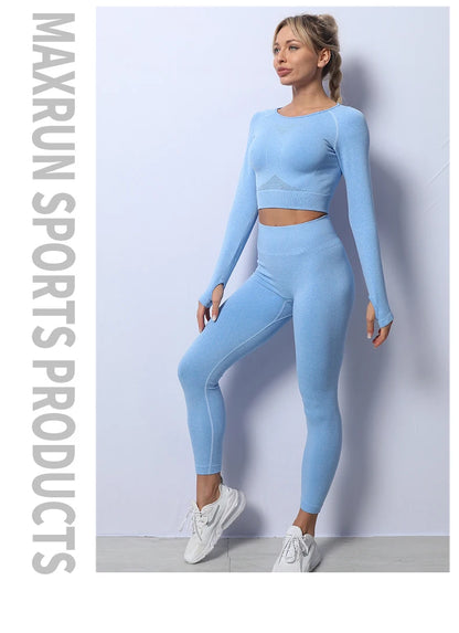 Women Yoga 2 Pieces Workout Outfits Seamless High Waist Leggings Sports Crop Top Running Clothes Sets