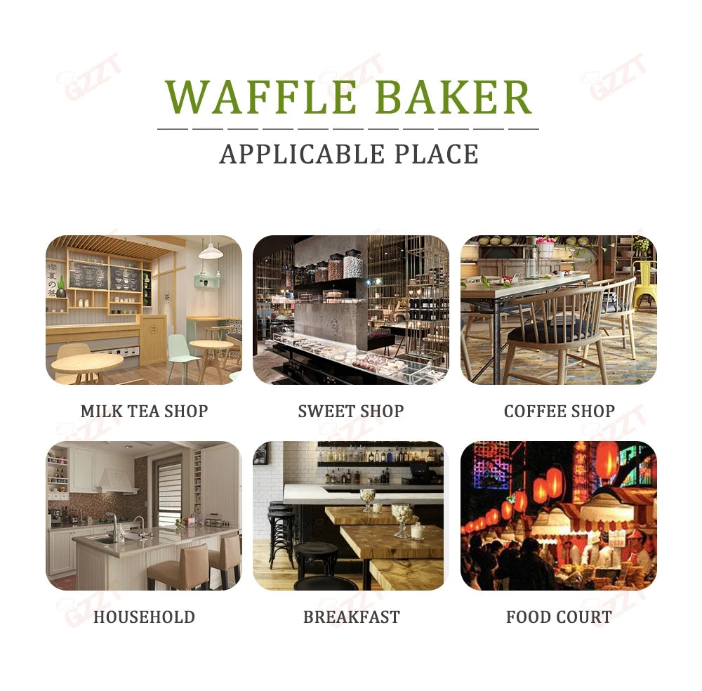 GZZT Commercial Double Head Waffle Maker 4-Piece Non-stick 2000W Adjustable Temperature 50-300℃ High-Efficiency Snack Machine.