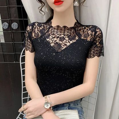 Summer Women Tops Patchwork Bright silk Mesh T shirt Pathcwork Short Sleeve Lace Shirt.