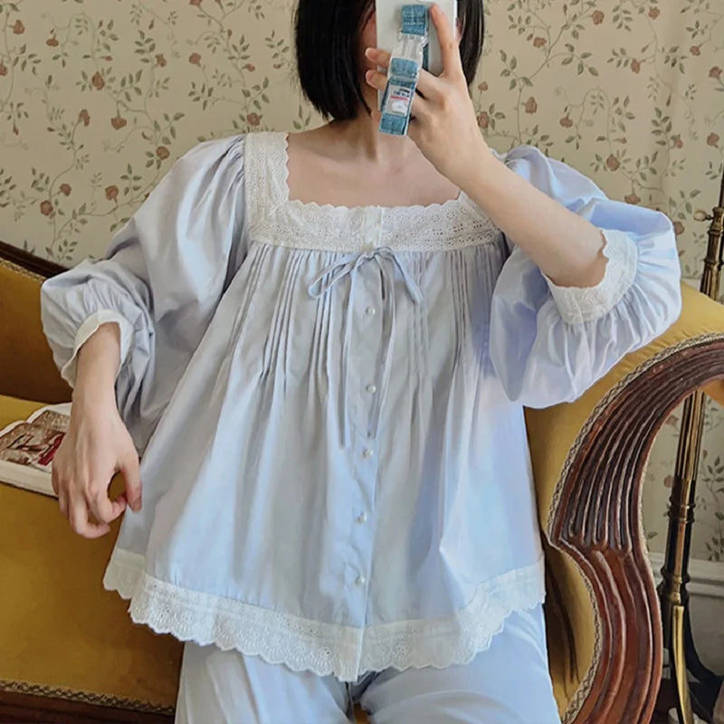 Sweet Spring Autumn Pure Cotton Women's Long Sleeve Pajama Set Loose Female Sleepwear Suits Royal Pyjama Home Wear Plus Size.