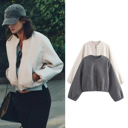 Damen Mode Herbst Winter Jacke Frauen Retro Rundhals Langarm Elastische Saum Zipper Weiche Bomber Jacke Frauen Mantel Weibliche