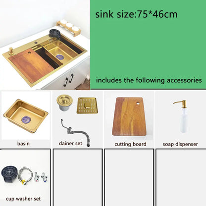 Gold Wasserfall Wasserhahn Küchenspüle Nano Waschbecken 304 Edelstahl Golden Topmount Single Bowl Waschbecken 4-Funktions-Küchenarmatur